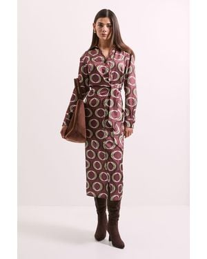PRINCIPLES Printed Tie Waist Button Detail Shirt Dress - Red
