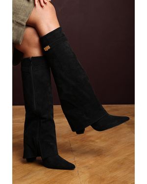 Where's That From Wheres 'Nova' Fold Over Shark Block Heel Point Toe Boots Suede - Black