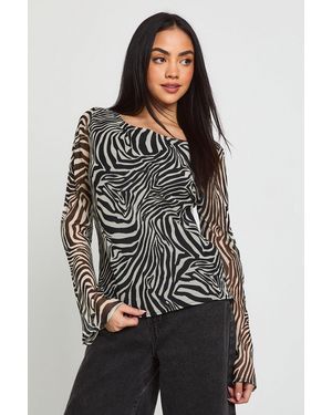 Boohoo Zebra Print Chiffon Flare Sleeve Top - Black