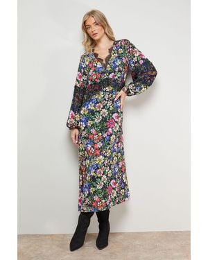 Oasis Printed Lace Insert Bias Midi Dress - Blue