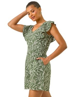Roman Leaf Print Linen Mix Playsuit - Green