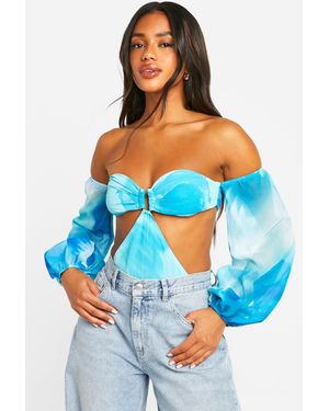 Boohoo Abstract Chiffon Balloon Sleeve Bodysuit - Blue