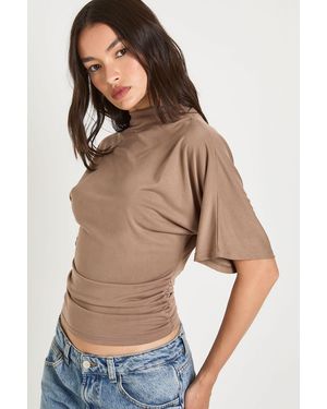 Boohoo Modal Bat Wing High Neck Top - Grey