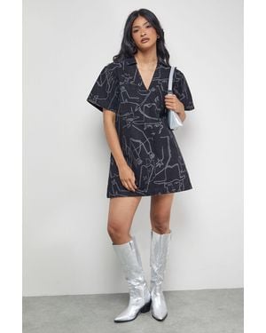 Warehouse Tony Printed Boxy Denim Mini Dress With Pockets - Blue