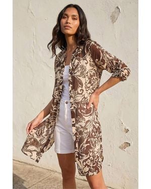 Roman Leaf Print Longline Button Blouse - Natural