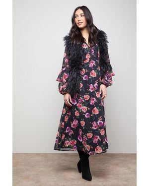 Oasis Printed Trim Detail Frill Shoulder Midi Tea Dress - Multicolour