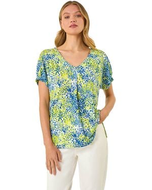 Roman Abstract Spot Print Pleat Front Top - Blue
