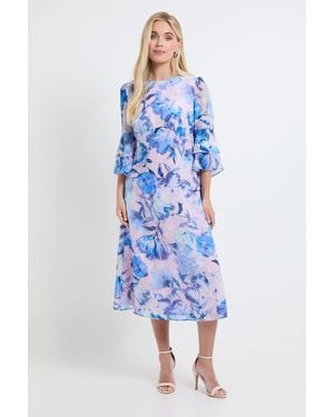 Wallis Petite Floral Burn Out Ruffle Sleeve Midi Dress - Blue