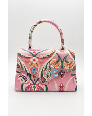 SVNX Floral Satin Embroidered Top Handle Bag - Pink