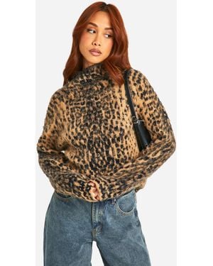 Boohoo Brushed Leopard Knitted Roll Neck Jumper - Brown