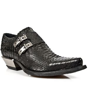 New Rock Embossed Python Leather Buckled Shoes-7934-S2 - Black