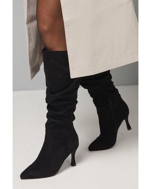Wallis Wide Fit Hibiscus Faux Suede Ruche High Stiletto Heel Knee Boots - Black