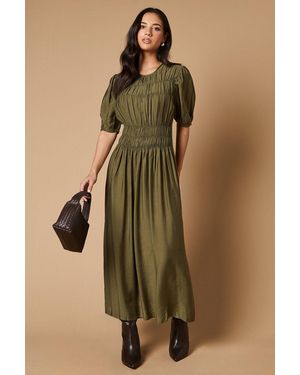 Oasis Shirred Bodice Puff Sleeve Midi Dress - Green