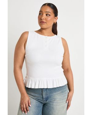 Boohoo Plus Button Down Ruffle Hem Top - White