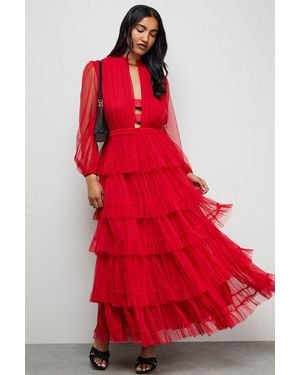 Warehouse Ruffle Neck Tulle Maxi Dress - Red
