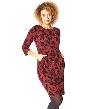 Roman Floral Flocked Pocket Detail Shift Dress - Red
