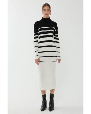 Hiccup Striped Turtleneck Bodycon Midi Dress - Black