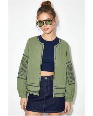 Bianco Lucci Embroidered Crew Neck Casual Jacket - Green