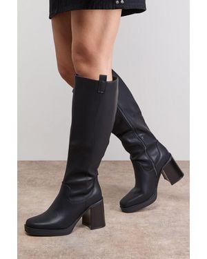 Oasis Marina Faux Leather Round Toe Platform High Block Heel Knee Boot - Black