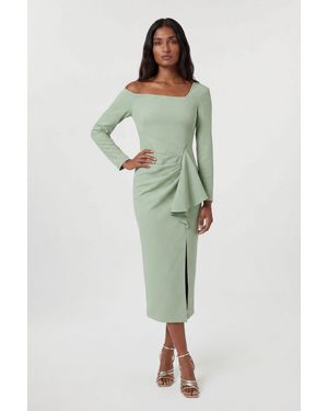 Karen Millen Petite Compact Stretch Asymmetric Neckline Draped Midi Dress - Green