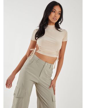 Pink Vanilla Cut Out Tide Side High Neck Crop Top - Natural