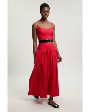 Karen Millen Viscose Linen Belted Drop Waist Woven Midi Dress - Red