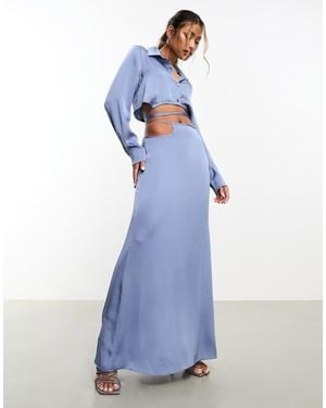 Aria Cove Satin Open Tie Side Maxi Skirt Co-Ord - Blue