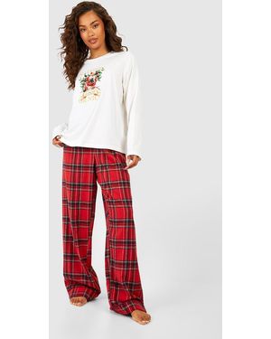 Boohoo Christmas 'Naughty Or Nice' Slogan Long Sleeve T-Shirt & Brushed Check Trousers Pyjama Set - Red
