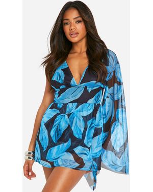 Boohoo Lined Mesh Leaf Print Skort Playsuit - Blue