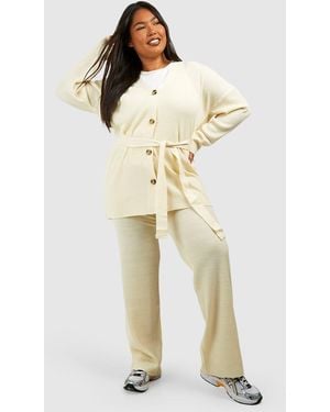 Boohoo Plus Slouchy Belted Cardigan And Wide Leg Knit Set - Natural