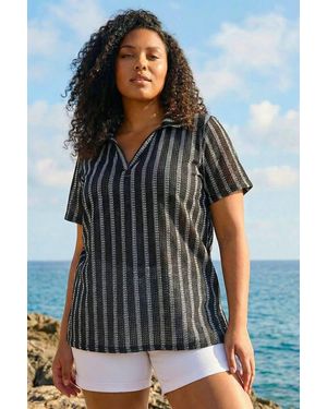 Roman Curve Stripe Collared Knit Top - Black