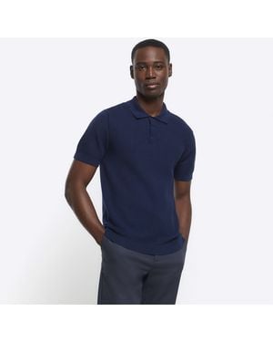 River Island Polo Shirt Slim Fit Textured Knit Cotton - Blue