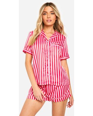 Boohoo Christmas Candy Stripe Satin Pyjama Shirt & Short Set - Red