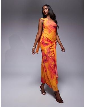 ASOS One Shoulder Mesh Maxi Dress With Knotted Skirt Detailing - Orange