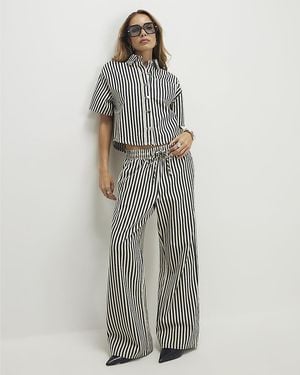 River Island Wide Leg Jeans Striped Drawstring Cotton - White