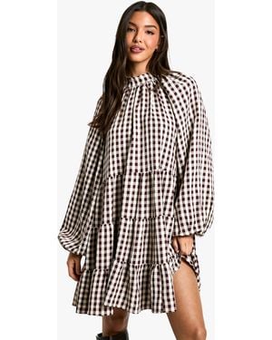 Boohoo Textured Check Smock Dress - White