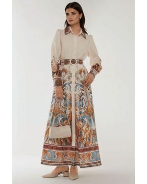 Hiccup Printed Long Sleeve Maxi Dress With Belt - Natural