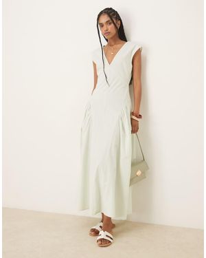 ASOS Clean V Neck Midi Dress With Pleated Godet Hem - Natural