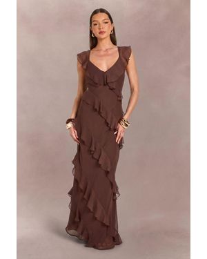 Boohoo Tonal Chiffon Ruffle Detail Backless Maxi Dress - Brown