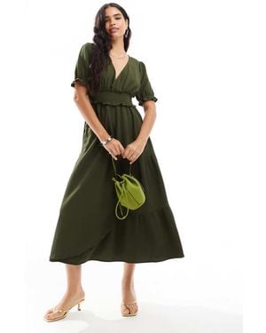 ASOS Puffed Sleeve Wrap Midi Dress - Green