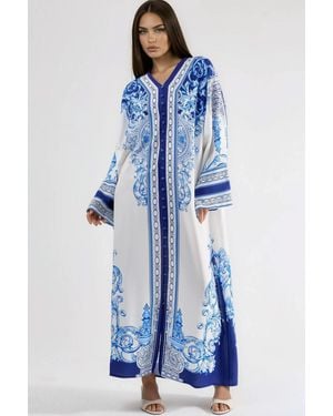 Msn-Collection Printed Maxi Dress With V-Neck - Blue