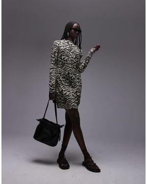 TOPSHOP Long Sleeve Crinkle Print Mini Dress - Grey