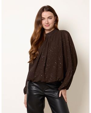 Blue Vanilla Metallic Sparkle Chiffon High Neck Puffball Top - Brown