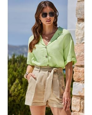 Sosandar Summer Linen Blend Short Sleeve Shirt - Green