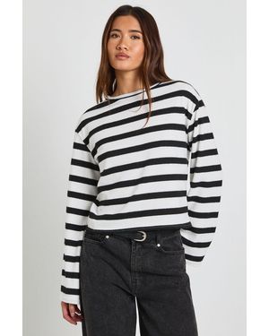 Boohoo Striped Brushed Rib Long Sleeve Top - Grey