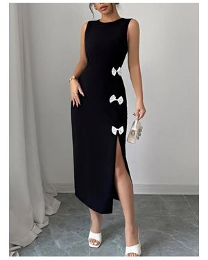 Everyday the Label Bow Slit Round Neck Sleeveless Dress - Black