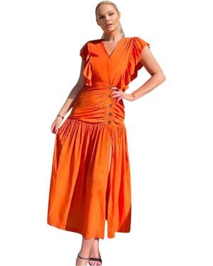 AX Paris Midi-Jurk Met Ruches Op De Schouders Van Polyester Voor - Oranje