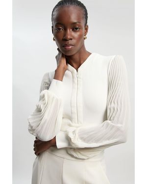 Karen Millen Woven Sleeved Pleated Top With Pu - White