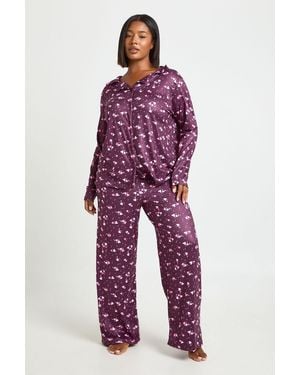 Boohoo Plus Heart Print Long Sleeve Shirt & Trouser Pyjama Set - Red