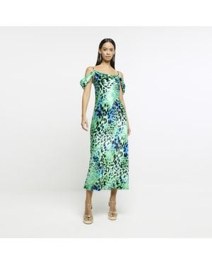River Island Midi Dress Animal Print Cowl Neck Viscose - Blue